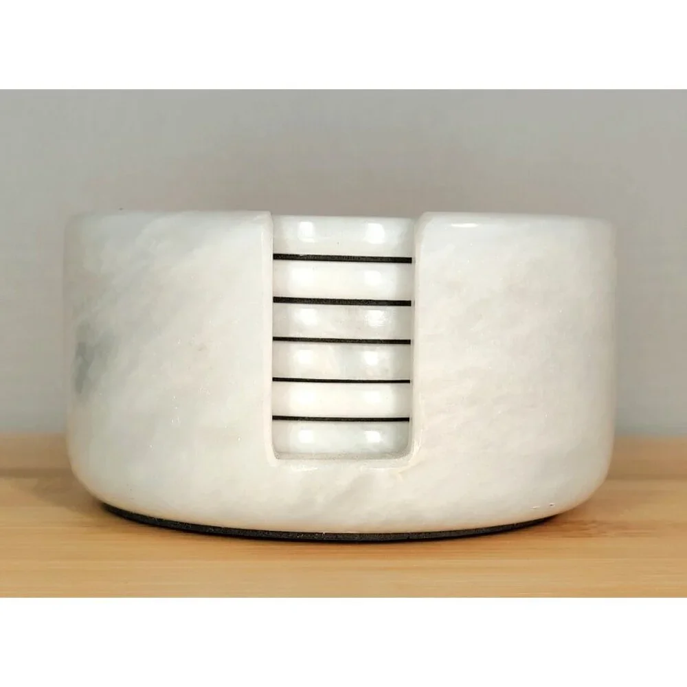 Set of 6 White Carrara Marble Stone Beverage Drink Coasters w/ Matching Base